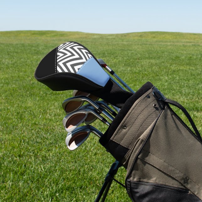 Grey Zigzag, Grey Chevron, Zigzag Pattern, Blue Golf Head Cover (In Situ)
