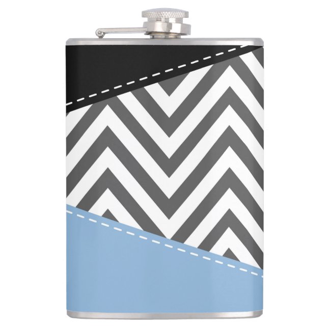 Grey Zigzag, Grey Chevron, Zigzag Pattern, Blue Hip Flask (Front)