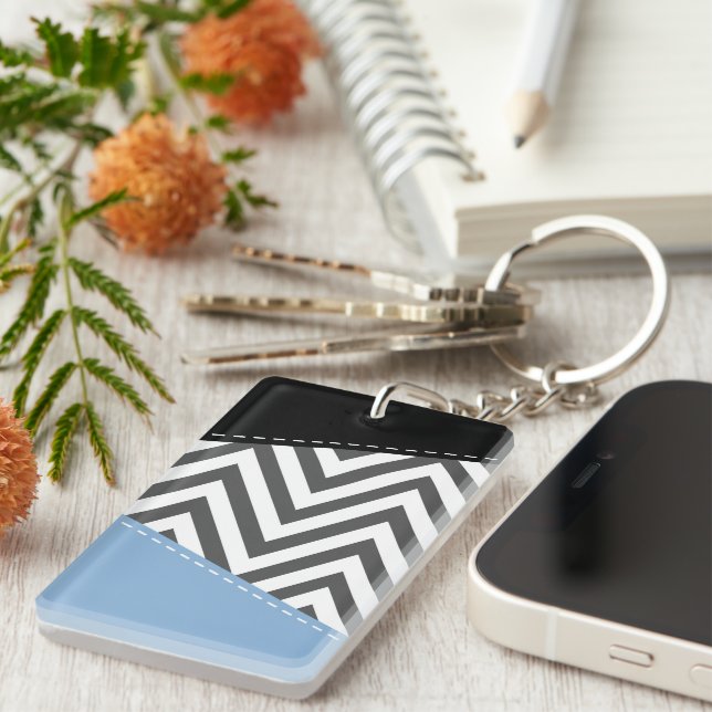 Grey Zigzag, Grey Chevron, Zigzag Pattern, Blue Key Ring (Front Right)