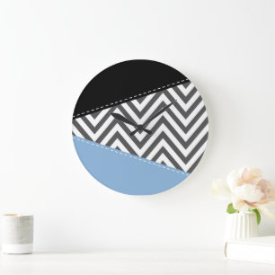 Grey Zigzag, Grey Chevron, Zigzag Pattern, Blue Large Clock