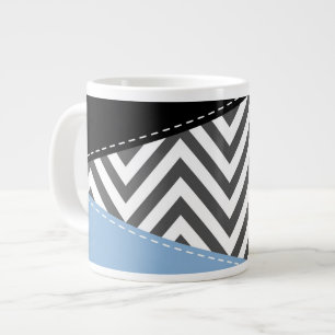Grey Zigzag, Grey Chevron, Zigzag Pattern, Blue Large Coffee Mug