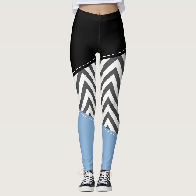 Grey Zigzag, Grey Chevron, Zigzag Pattern, Blue Leggings (Front)