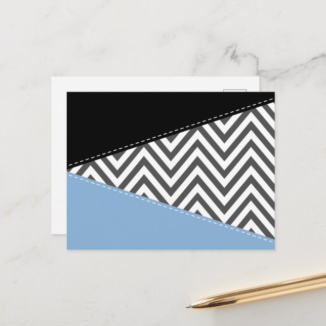 Grey Zigzag, Grey Chevron, Zigzag Pattern, Blue Postcard (Front/Back In Situ)