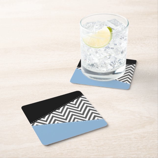 Grey Zigzag, Grey Chevron, Zigzag Pattern, Blue Square Paper Coaster (Insitu)