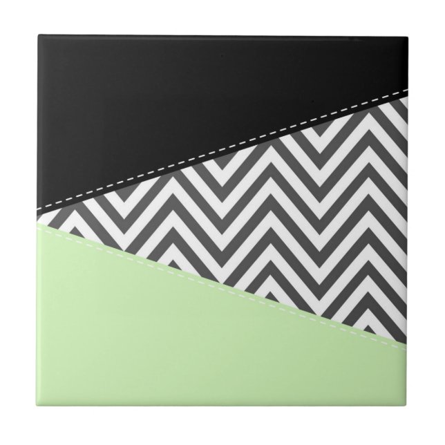 Grey Zigzag, Grey Chevron, Zigzag Pattern, Mint Ceramic Tile (Front)