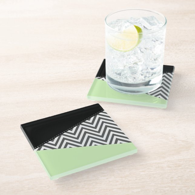 Grey Zigzag, Grey Chevron, Zigzag Pattern, Mint Glass Coaster (Angled)