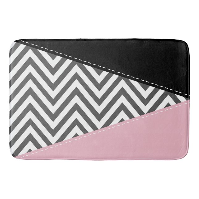 Grey Zigzag, Grey Chevron, Zigzag Pattern, Pink Bath Mat (Front)