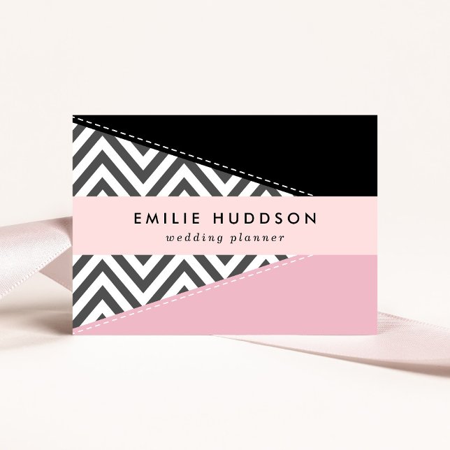 Grey Zigzag, Grey Chevron, Zigzag Pattern, Pink Business Card (Creator Uploaded)