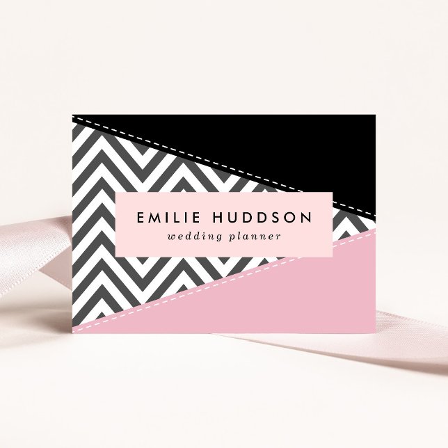 Grey Zigzag, Grey Chevron, Zigzag Pattern, Pink Business Card (Creator Uploaded)