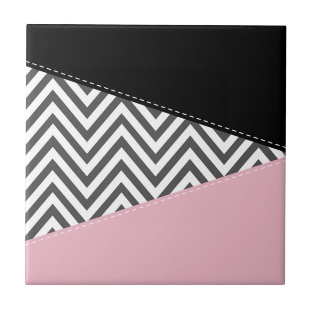 Grey Zigzag, Grey Chevron, Zigzag Pattern, Pink Ceramic Tile (Front)
