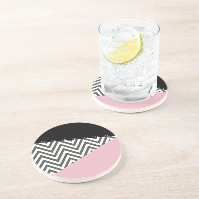 Grey Zigzag, Grey Chevron, Zigzag Pattern, Pink Coaster (Side)