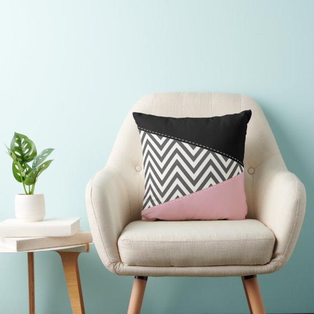 Grey Zigzag, Grey Chevron, Zigzag Pattern, Pink Cushion (Chair)