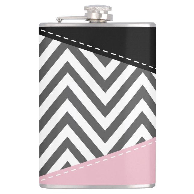 Grey Zigzag, Grey Chevron, Zigzag Pattern, Pink Hip Flask (Front)