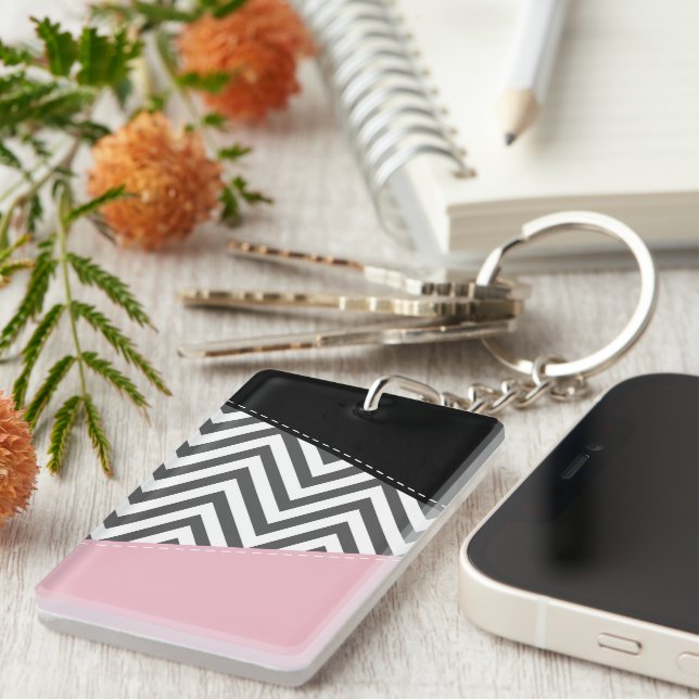 Grey Zigzag, Grey Chevron, Zigzag Pattern, Pink Key Ring (Front Right)
