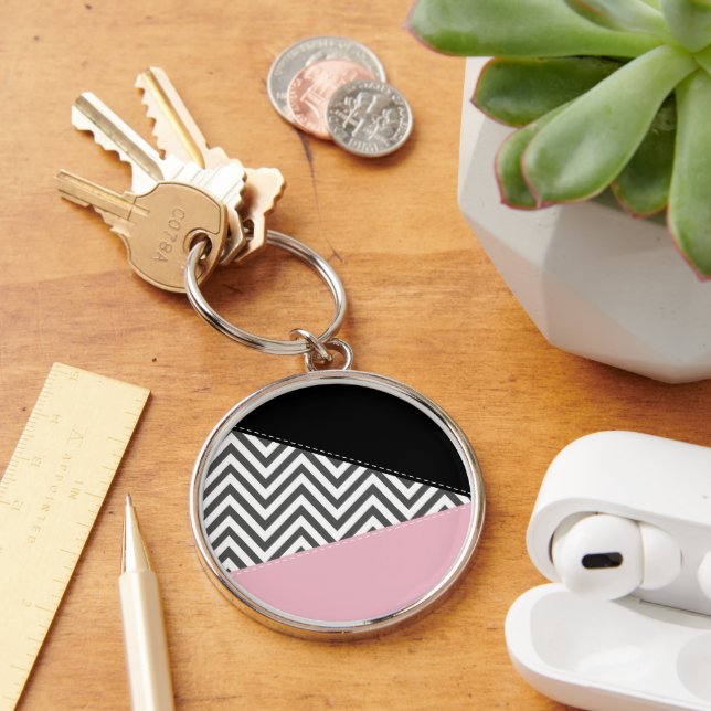 Grey Zigzag, Grey Chevron, Zigzag Pattern, Pink Key Ring (Desk)