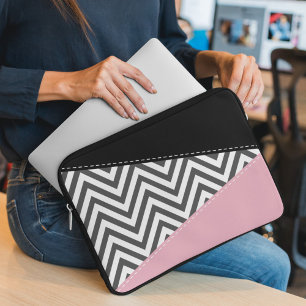 Grey Zigzag, Grey Chevron, Zigzag Pattern, Pink Laptop Sleeve