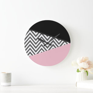 Grey Zigzag, Grey Chevron, Zigzag Pattern, Pink Large Clock
