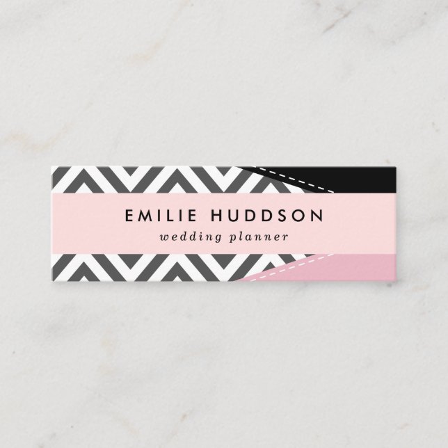 Grey Zigzag, Grey Chevron, Zigzag Pattern, Pink Mini Business Card (Front)