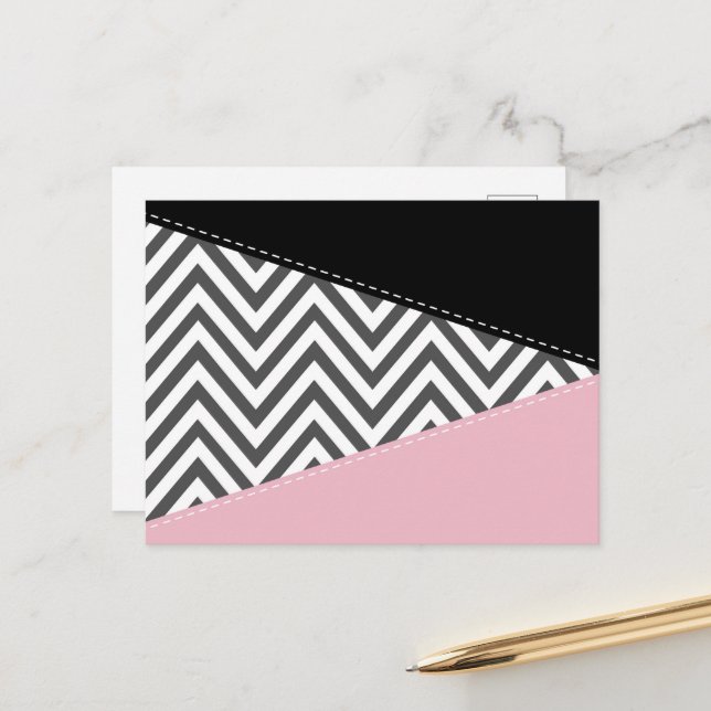Grey Zigzag, Grey Chevron, Zigzag Pattern, Pink Postcard (Front/Back In Situ)