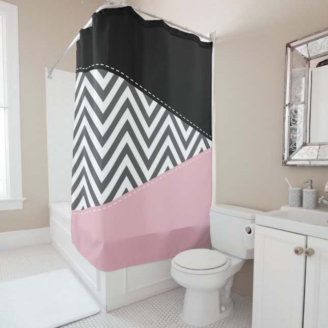 Grey Zigzag, Grey Chevron, Zigzag Pattern, Pink Shower Curtain (In Situ)