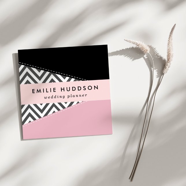 Grey Zigzag, Grey Chevron, Zigzag Pattern, Pink Square Business Card (Creator Uploaded)