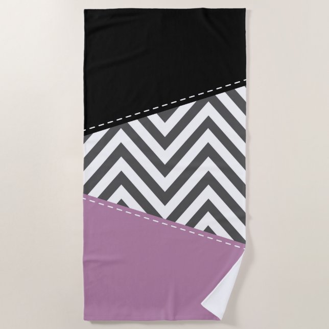Grey Zigzag, Grey Chevron, Zigzag Pattern, Purple Beach Towel (Front)