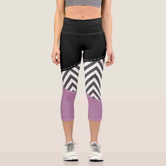 Grey Zigzag, Grey Chevron, Zigzag Pattern, Purple Capri Leggings (Front)