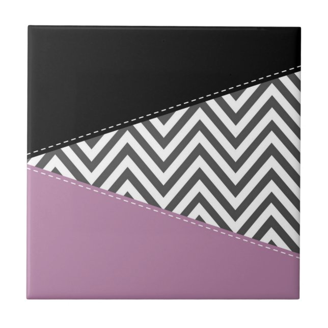 Grey Zigzag, Grey Chevron, Zigzag Pattern, Purple Ceramic Tile (Front)