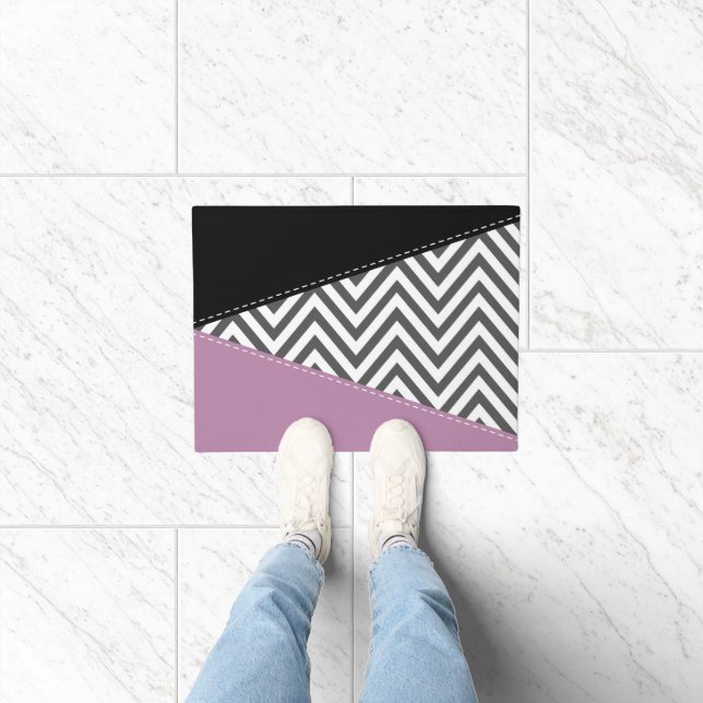 Grey Zigzag, Grey Chevron, Zigzag Pattern, Purple Doormat (Indoor)