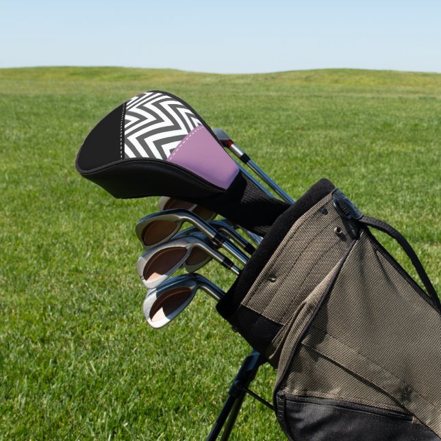 Grey Zigzag, Grey Chevron, Zigzag Pattern, Purple Golf Head Cover (In Situ)