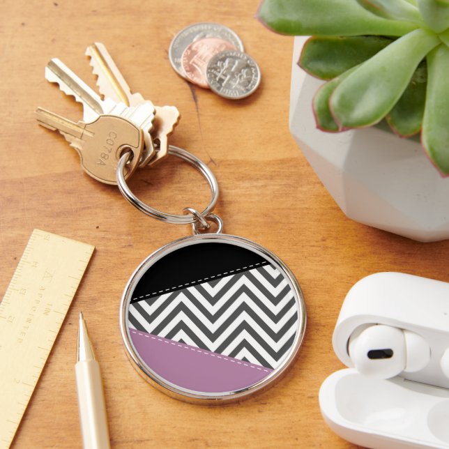 Grey Zigzag, Grey Chevron, Zigzag Pattern, Purple Key Ring (Desk)