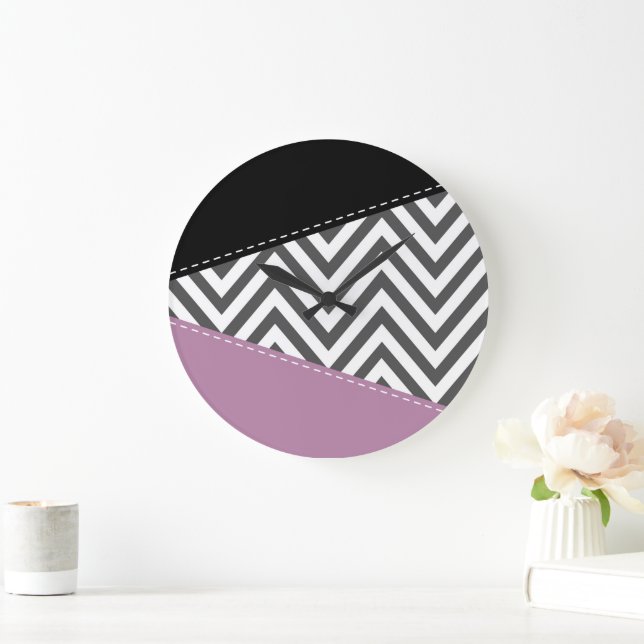 Grey Zigzag, Grey Chevron, Zigzag Pattern, Purple Large Clock (Home)