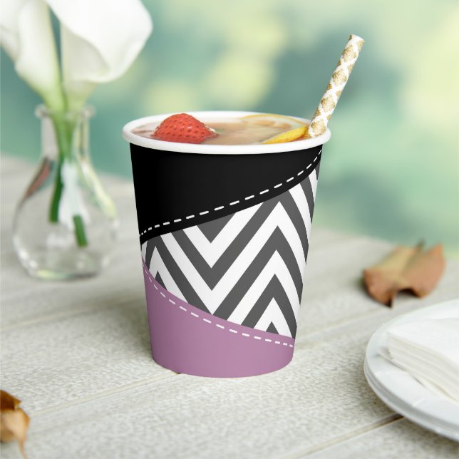 Grey Zigzag, Grey Chevron, Zigzag Pattern, Purple Paper Cups (Insitu)