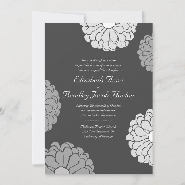 Grey Zinnia Flower Wedding Invitation (Front)