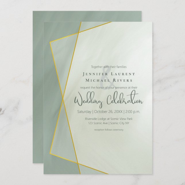 greyed jade geometric typography wedding invitation (Front/Back)