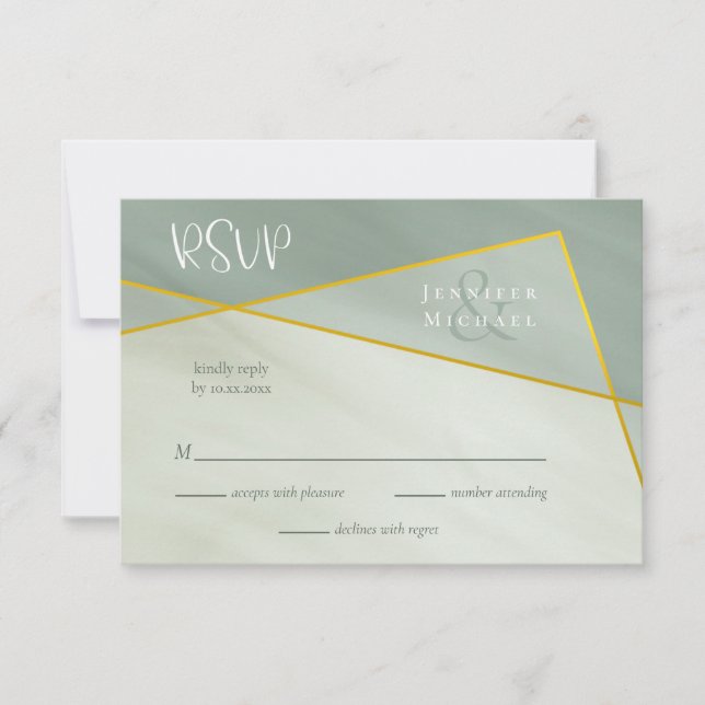greyed jade geometric typography wedding rsvp card (Front)
