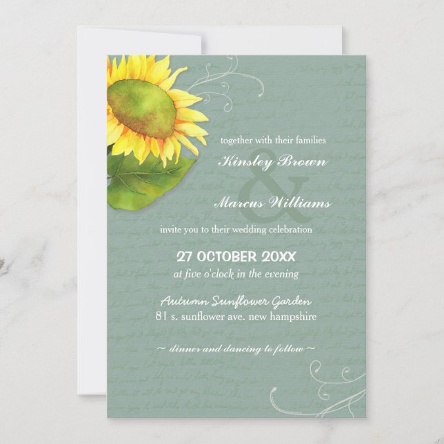 Greyed Jade Yellow Sunflower Wedding Invitation (Front)
