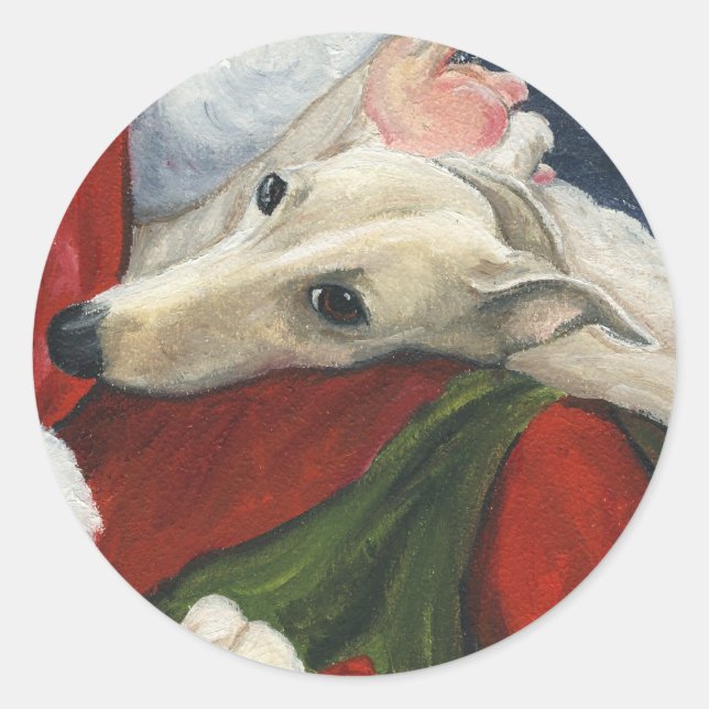 Greyhound and Santa Dog Art Christmas Sticker (Front)