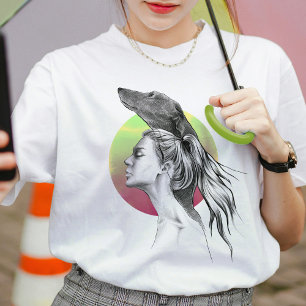 Greyhound and Woman Portrait Dog lover Elegant Art T-Shirt