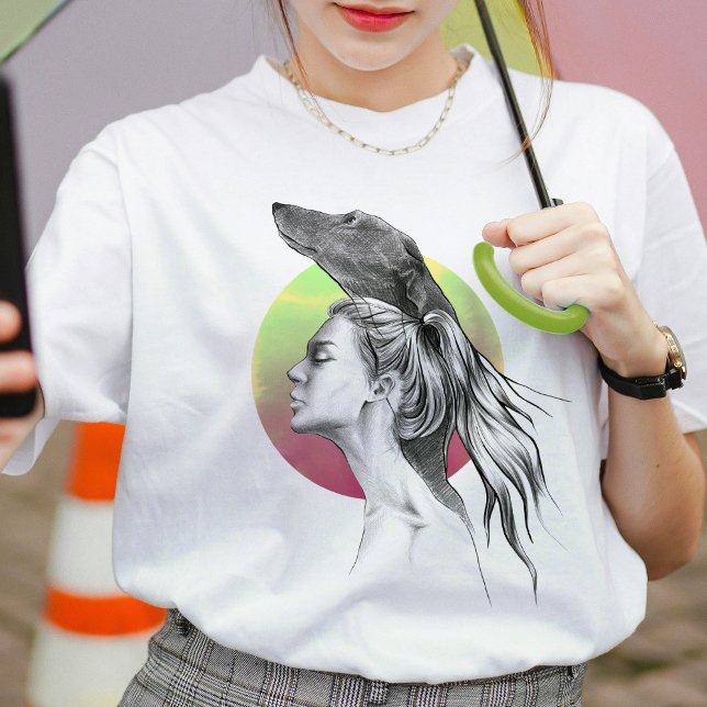 Greyhound and Woman Portrait Dog lover Elegant Art T-Shirt (Creator Uploaded)