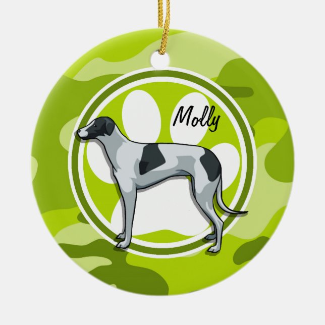 Greyhound; bright green camo, camouflage ceramic tree decoration (Front)