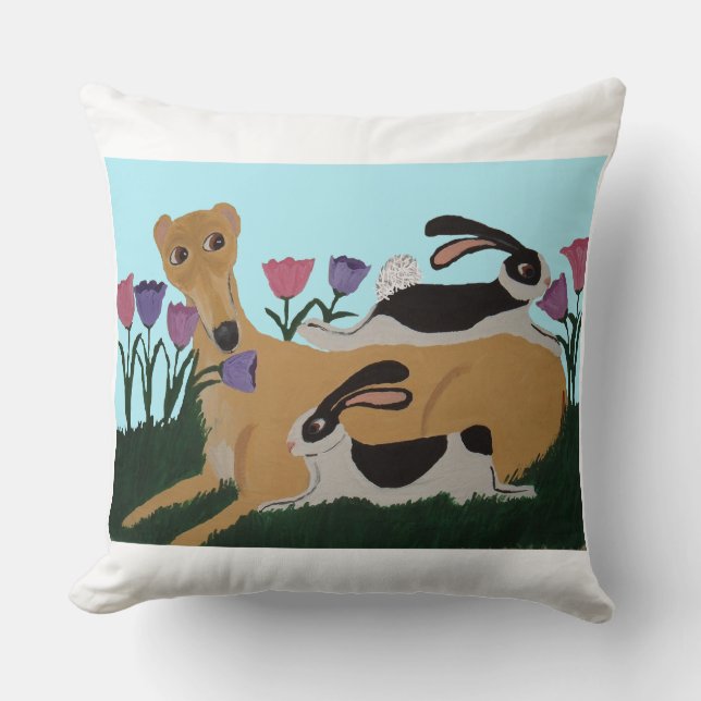 Greyhound & Bunny Friends Throw Pillow (Front)