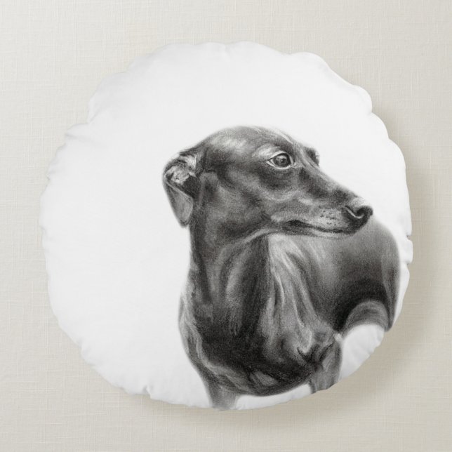 Greyhound Charcoal Hand Drawn Artwork Round Cushion (Front)