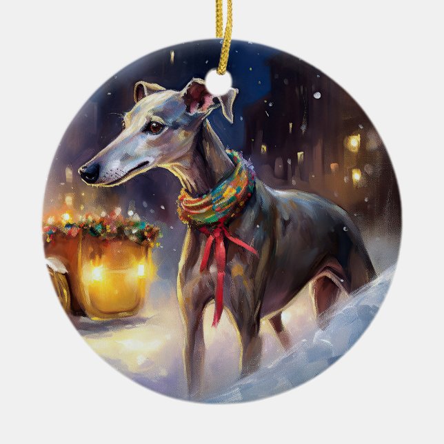 Greyhound Christmas Festive Season  Ceramic Ornament (Front)