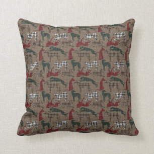 Greyhound Christmas Plaid Burlap Cushion