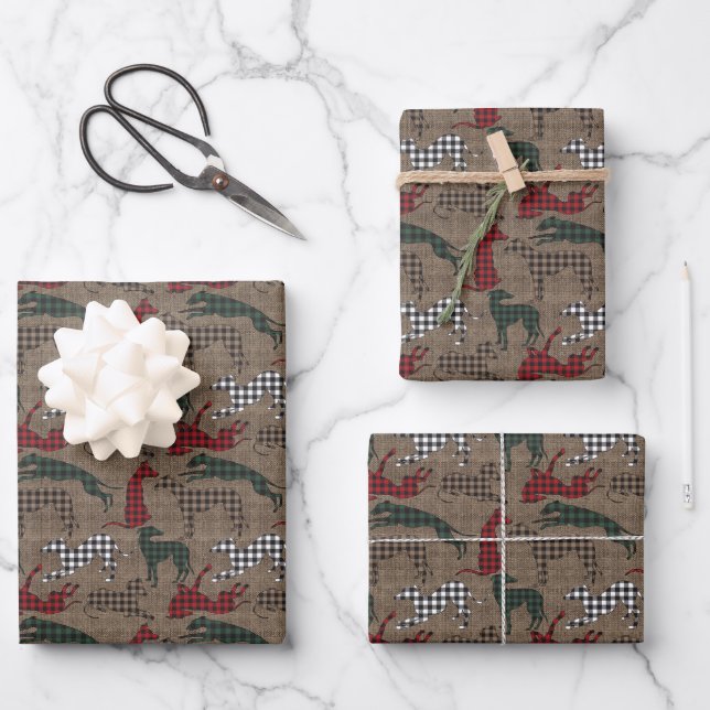Greyhound Christmas Plaid Burlap  Wrapping Paper (Front)