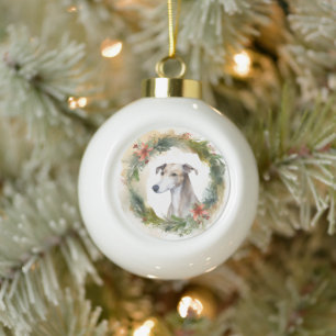 Greyhound Christmas Wreath Festive Pup  Ceramic Ball Christmas Ornament