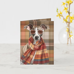 Greyhound Dog and Autumn Plaid Monogrammed Card
