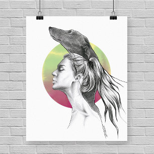 Greyhound dog and woman portrait drawing art poster