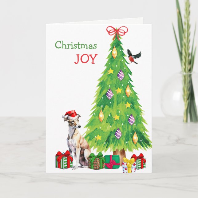 Greyhound Dog, Bird and Christmas Tree Holiday Card (Front)